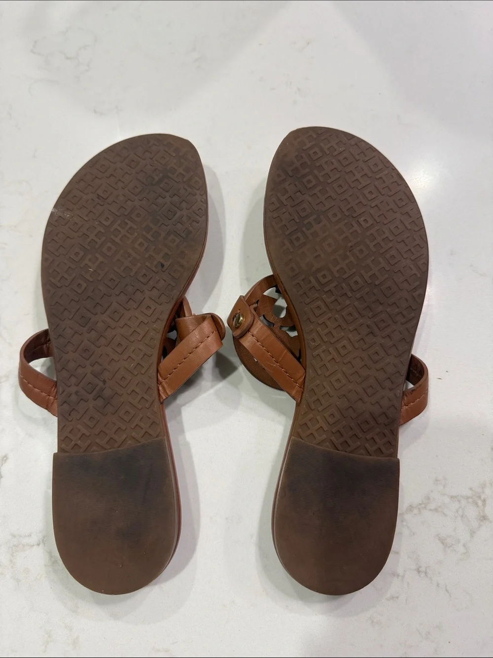 Tory Burch Tan Leather Cutout Logo Thong Sandals